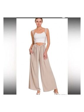 Zenana Outfitters Beige Wide-Leg Suspender Jumpsuit Pants